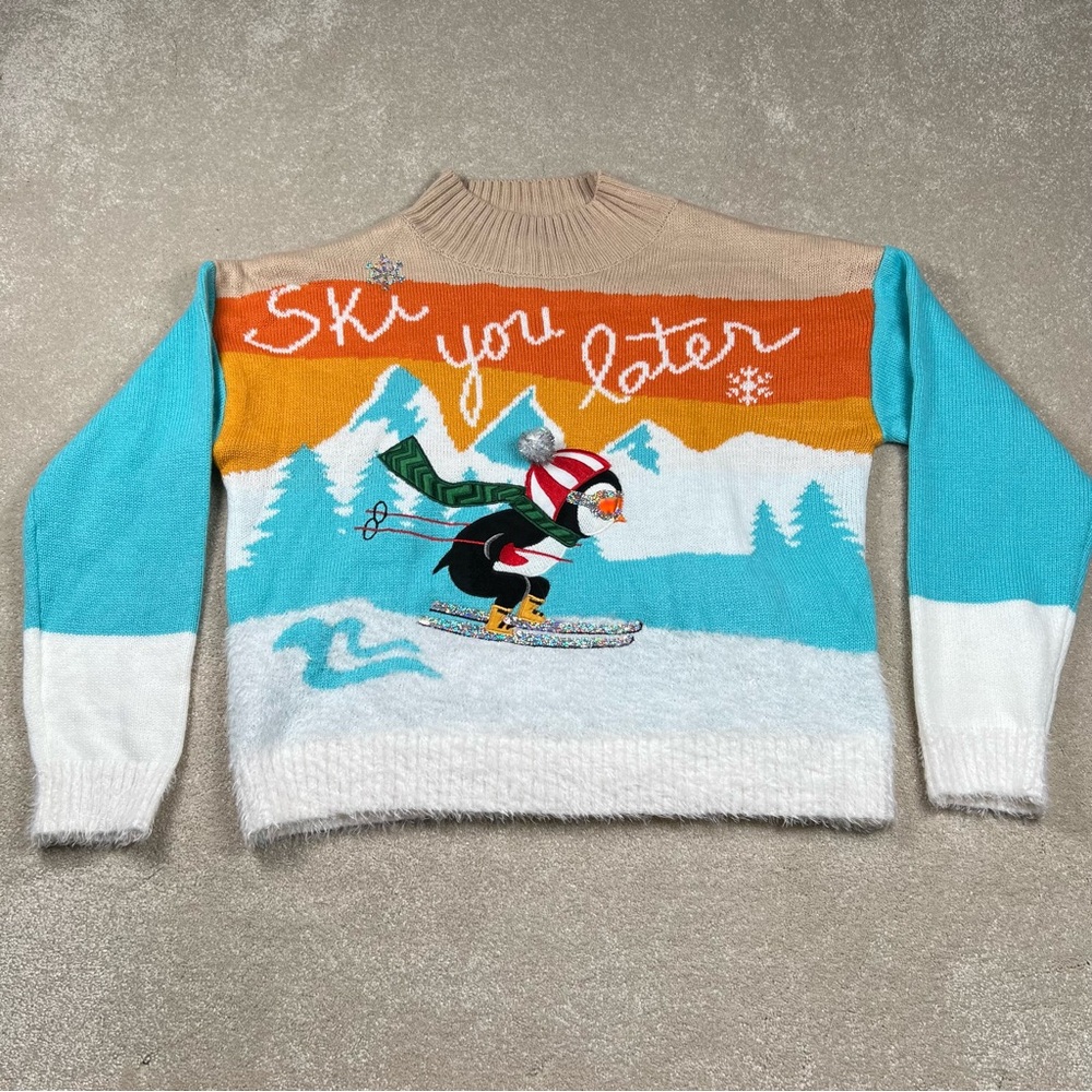 Ugly Sweater 3D Penguin Ski Major Label Group Soft Warm Mock Neck Junior's LG